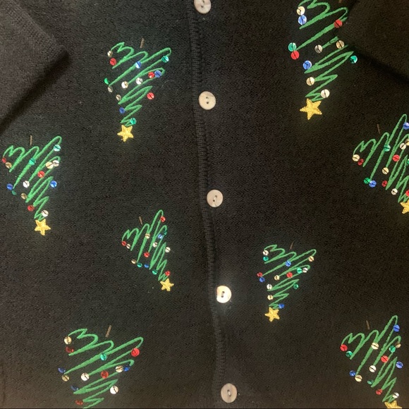 Vintage 80’s Wool Christmas Tree Embellished Black Cardigan Sweater Large - Picture 4 of 9